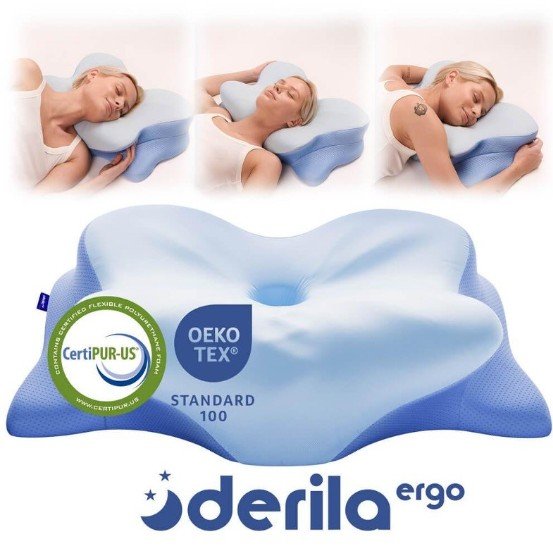 Derila Ergo ergonomic pillow with butterfly-shaped design, CertiPUR-US and OEKO-TEX certifications, shown with sleep support positions